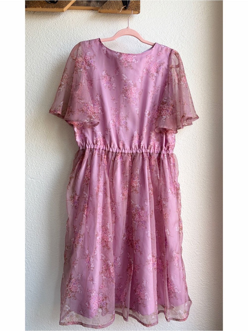 Vintage Handmade Mauve Floral Flutter Sleeve Dress